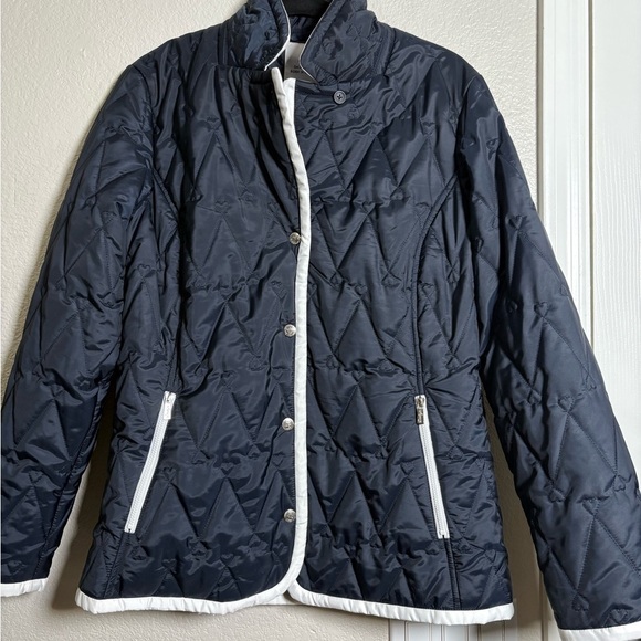Daily Sports Jackets & Blazers - Daily Sports Navy Diamond/Heart Quilted Jacket with White Trim, Back Cinch Belt